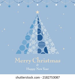 Christmas tree card made of snowflakes and ornament. Blue-gray background