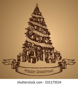 Christmas tree card. Merry Christmas. Vector. Sketch. 