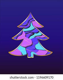 Christmas tree card with paper inserts inside and gold outline on dark blue background