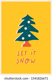Tarjeta de árbol de Navidad o afiche con texto Let it snow comillas