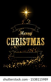 Christmas tree card, ribbon, black background. Gold Christmas tree symbol Happy New Year, Merry Christmas holiday celebration. Golden light sparkle decoration. Bright shiny card Vector illustration