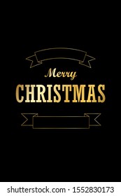 Christmas tree card, ribbon, isolated black background. Gold Merry Christmas text, symbol Happy New Year holiday celebration. Golden light, sparkle decoration. Bright shiny design Vector illustration