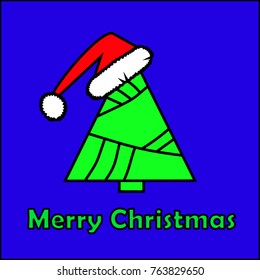 Christmas Tree Card Santa Hat Merry Christmas Vector on blue background
