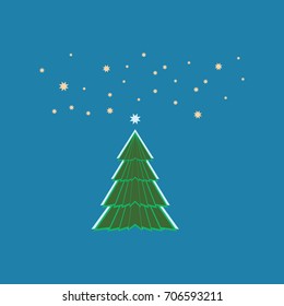 Christmas tree card. Silhouette design green spruce on blue background. Symbol of winter, decoration and Christmas holiday season. Isolated graphic element. Flat design image. Vector illustration