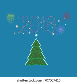 Christmas tree card. Silhouette design green spruce on blue background. Symbol of winter, decoration and Christmas holiday season. Isolated graphic element. Flat design image. Vector illustration