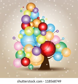 Christmas Tree Card with Snow and balls Multicolored Merry Xmas card with the Tree Icon, and free copy space