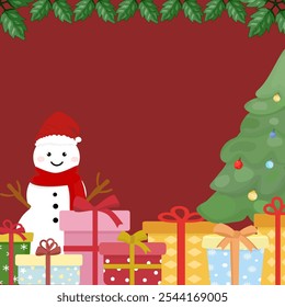 Christmas tree card, Christmas card, snow man, illustration, on red background