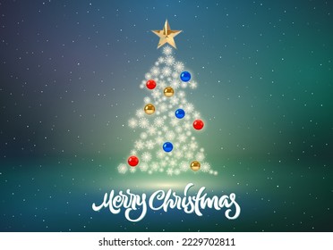 Christmas tree card with snowflakes and baubles. Christmas tree with golden star and balls. Greeting poster for winter holidays.