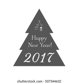 Christmas tree card with star, gift. Cartoon icon. Black silhouette decoration sign, isolated on white background. Flat design. Symbol holiday, Christmas, New Year celebration Vector illustration