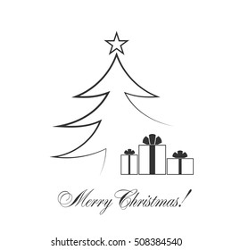 Christmas tree card with star, gift. Cartoon icon. Black silhouette decoration sign, isolated on white background. Flat design. Symbol holiday, Christmas, New Year celebration Vector illustration