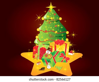 Christmas tree card with stars and gifts