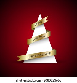 Christmas tree card template made from white triangle and golden paper stripe ribbon with christmas wish text. Simple minimalistic christmas tree template layout on dark red background.