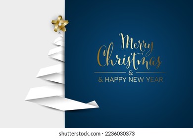 Christmas tree card template made from white  paper stripe ribbon with christmas wish text. Simple minimalistic christmas tree template layout on white and dark blue background.