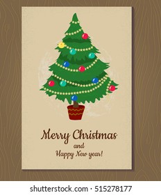 Christmas tree card template on wood background. 