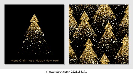 Christmas tree card template and seamless pattern. Minimalistic fir tree with gold glitter on a black background. Winter, Christmas and New Year concept.