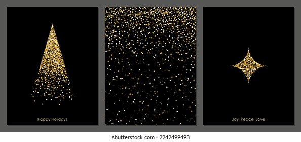 Christmas tree card template and seamless pattern. Minimalistic fir tree and star with gold glitter on a black background. Winter, Christmas, and New Year concepts.