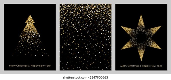 Christmas tree card template and seamless pattern. Minimalistic fir tree with gold glitter on a black background. Winter, Christmas, and New Year concepts.