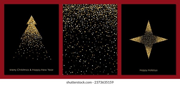 Christmas tree card template and seamless pattern. Minimalistic fir tree with gold glitter on a black background. Winter, Christmas, and New Year concepts.