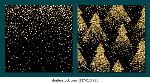 plantilla de tarjeta de árbol de Navidad y patrón sin fisuras. Árbol de abeto minimalista con brillo dorado en un fondo negro. Invierno, Navidad y Año Nuevo.