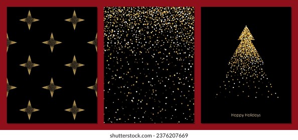 Weihnachtsbaumkartenvorlage und nahtloses Muster. Minimalistische Tannenbaum mit goldenem Glitter auf schwarzem Hintergrund. Konzepte für Winter, Weihnachten und Neujahr.