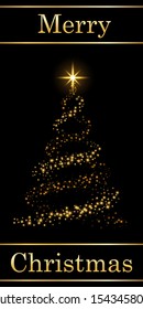 Christmas tree card, text, black background. Gold Christmas tree, symbol Happy New Year, Merry Christmas holiday celebration. Golden light, sparkle decoration. Bright shiny design Vector illustration