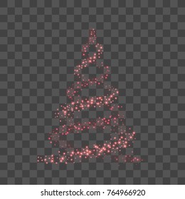 Christmas tree for card. Transparent background. Red Christmas tree as symbol of Happy New Year, Merry Christmas holiday celebration. Sparkle light decoration. Bright design Vector illustration