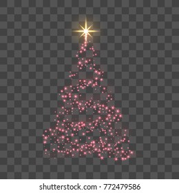 Árbol de Navidad para la tarjeta. Fondo transparente. Árbol de Navidad rojo como símbolo de Feliz Año Nuevo, Feliz día de fiesta de Navidades. Ilustración vectorial de estrella de oro brillante