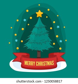 Christmas tree card. Vector illustration. Hand drawn. Flat design.