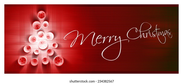 Christmas tree card vector illustration with shiny abstract snowflake balls and red and green texture background