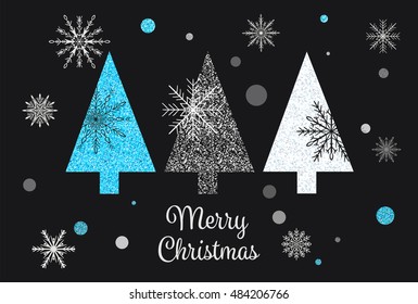 Christmas tree card vector illustration. Glitter christmas design. Hand drawn snowflakes. Vector EPS 10.