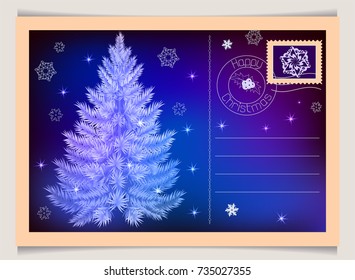 Christmas tree card. Vintage Christmas and Happy New year greeting postcard template.