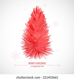 Christmas tree. Christmas card with watercolor tree, snowflakes and inscription. Hand-drawn.