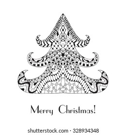 Christmas tree. Christmas card in zentangle style. Coloring page with high details isolated on white background. Made by trace from sketch. Ink pen. Zentangle pattern for relax and meditation.