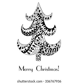 Christmas tree. Christmas card in zentangle style for adult anti stress. Coloring page with high details isolated on white background. Ink pen. Zentangle pattern for relax and meditation.