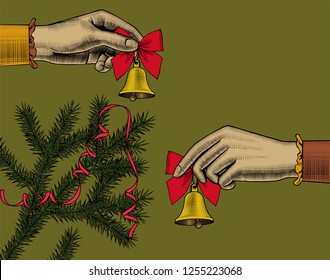 Christmas tree cards. Woman's hands with retro bell on red ribbon. Vintage engraving stylized drawing. Vector illustration