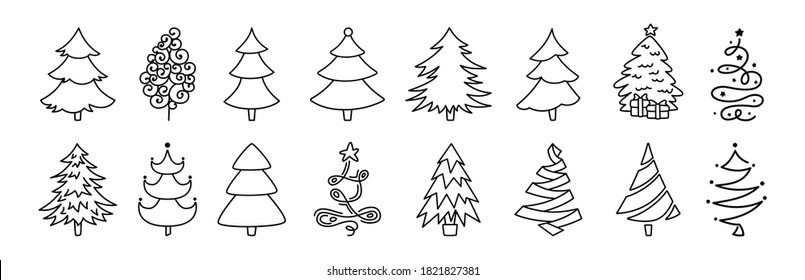 Dibujo del árbol de Navidad sobre el conjunto lineal negro. Colección de árboles de navidad con contorno manual. Ornamentos de diseño de línea tradicional de Año Nuevo, estrellas o guirnaldas. Símbolo estilizado para ilustración vectorial plana de vacaciones