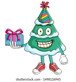 Christmas tree cartoon character carry a gift box for birthday with funny smile face