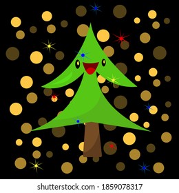 Personaje de caricatura de árbol de Navidad con emoción de deleite y luces brillantes concepto de Año Nuevo