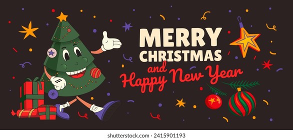 Christmas tree cartoon character in flat styl. Greeting card print template and background. Christmas decorations on confetti on a dark background.