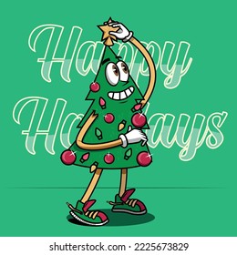 Christmas tree cartoon character getting ready to party by putting on christmas star 