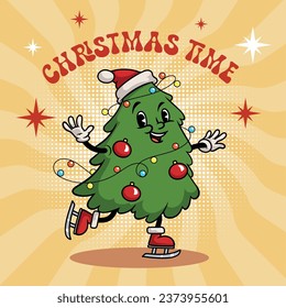 Christmas Tree cartoon character. Pine tree mascot skating on colorful background. Vector illustration in trendy vintage comic style. 