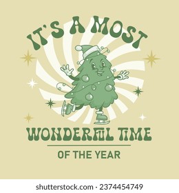 Christmas Tree cartoon character. Pine tree mascot skating on retro background. Vector illustration in trendy vintage comic style. 
