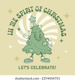 Christmas Tree cartoon character. Pine tree mascot on retro background. Vector illustration in trendy vintage comic style. 