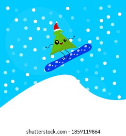 Christmas tree cartoon character in a Santa hat rolls along the snowy slopes on a snowboard. Winter and sports concept