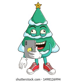 Christmas tree cartoon character Selfie with funny face and holding smartphone