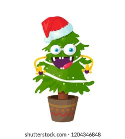 Christmas tree cartoon character, vector illustration
