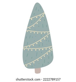 Árbol de Navidad con dibujos animados de estilo plano. Dibujo manual de la ilustración vectorial del árbol evergreen con garland. Concepto de celebración de Navidad y Año Nuevo.