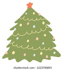 Árbol de Navidad con dibujos animados de estilo plano. Ilustración vectorial dibujada a mano del árbol evergreen con decoraciones y garland. Concepto de celebración de Navidad y Año Nuevo