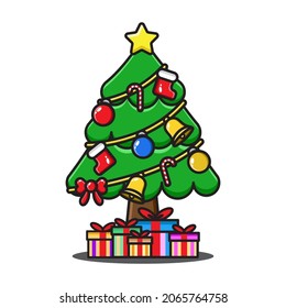 caricatura de árbol de navidad con diseño de elementos de regalo