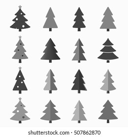 Christmas tree cartoon icons set. Black silhouette decoration trees signs, isolated on white background. Flat design. Symbol of holiday, winter, Christmas celebration, New Year Vector illustration